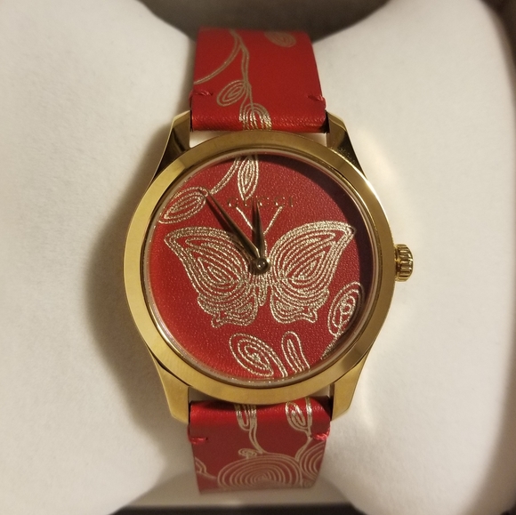 Gucci Swiss Red Hibiscus Leather Strap Watch - Picture 2 of 8